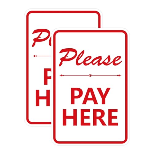 Portrait Round Please Pay Here Sign with Adhesive Tape, Mounts On Any Flat Surface (White/Red) - Small (2 Pack)
