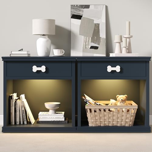 RoyalCraft LED Sideboard Set of 2, Multi-Functional Night Stand with Drawer and Open Shelf Storage, Wooden Side End Table, Bedside Cabinet for Bedroom, Living Room, Closet,Office?Blue