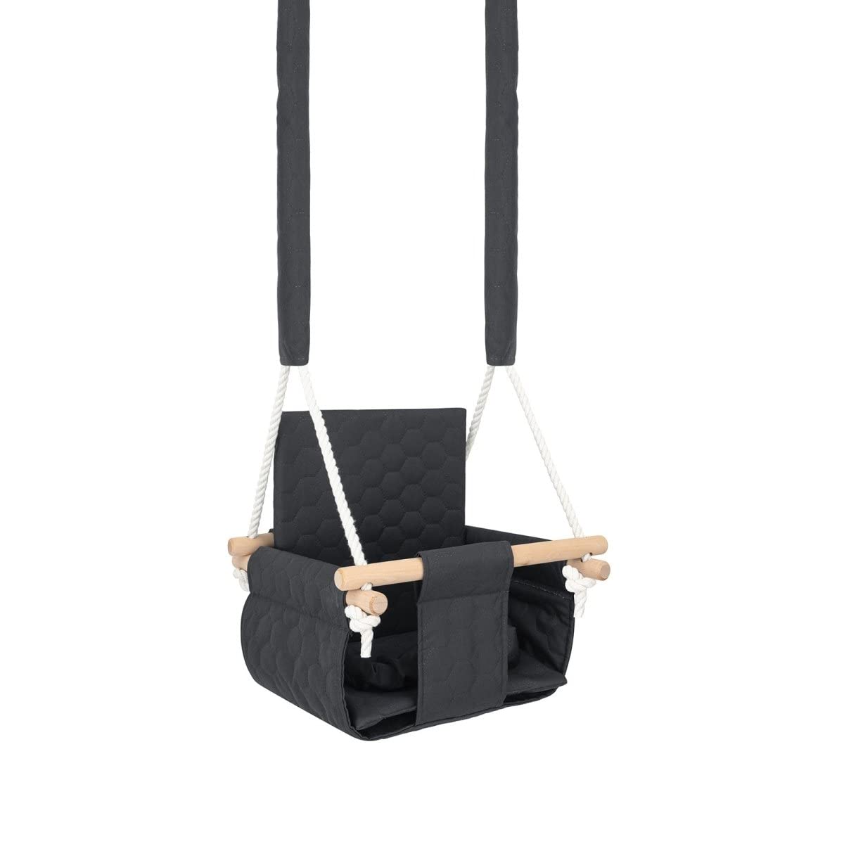 Safe Outdoor Indoor Babyschaukel - Wasserdichter Stoffsitz mit Gurten - Naturholz - 9 Monate - 3 Jahre - Belastung 20 kg - Grau