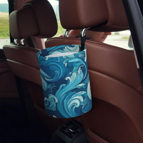 Image of Small Car Trash Can, Ocean Waves Design Hanging Foldable Car Trash Bag, Waterproof Leakproof Garbage Bin, Car Interior Organizer Accessories