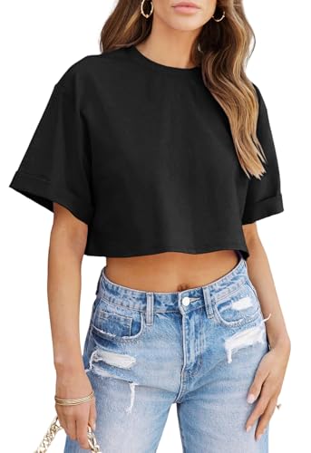 Tankaneo Women Crop T-Shirts Half Sleeve Drop Shoulder Cropped Tops Y2K Casual Summer Basic Tees2