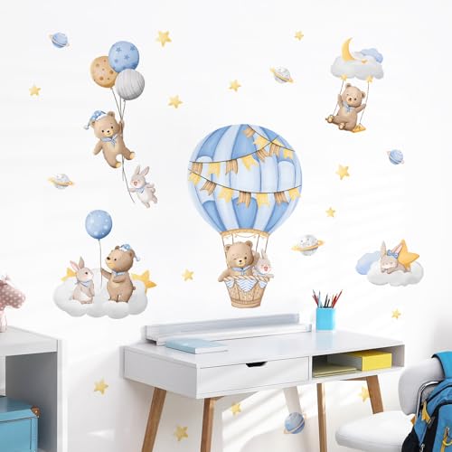 Tanlaby Blue Hot Air Balloon Wall Stickers Cartoon Bear Rabbit Stars Planets Wall Decals Peel and Stick Art Decor for Baby Nursery Kids Bedroom Playroom Daycare Classroom - Image 4