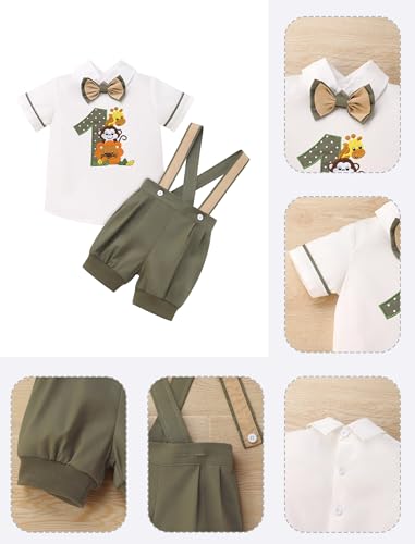 ODASDO Baby Boys Jungle Safari 1st Birthday Cake Smash Outfit Short Sleeve Shirts Tops with Suspenders Shorts Set4