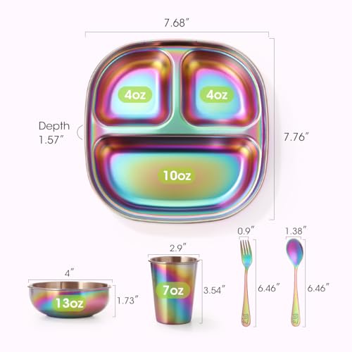 AIEVE Stainless Steel Kids Plates and Bowls, 5 Pcs Kids Dinnerware Set Includes Stainless Steel Toddler Plate with Lid, Utensils, Cup and Bowl