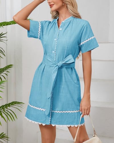 Image of Women's Summer Shirt Dress Short Sleeve Button Down Mini Tie Waist Belted Tunic with Pockets RIC Rac Trim