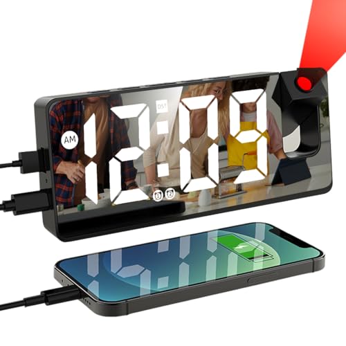 321Wasay LED Projection Alarm Clock, Projector Alarm Clock for Bedroom Ceiling, Projector Projection Clocks for Bedrooms, Digital Alarm Clocks Bedside with Temperature (black with USB cable)