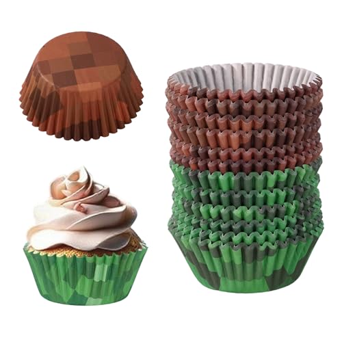 300pz Pirottini Cupcake Pixel, Porta Cupcake Tema Erba Pixel Verde e Marrone Feste di Compleanno Pirottini Bicchieri Dolcetti Decorazioni Festa Giochi Dessert