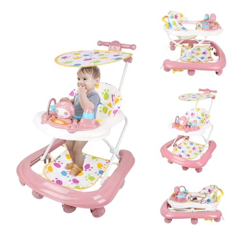Homewell 3in1 Lauflernhilfe klappbare, Perlenschiebespielzeug, Höhenverstellbar, Lauflernwagen mit Esstablett & hoher Rückenlehne & Schiebegriff, Laufhilfe für Kinder ab 6 Monaten (Rosa)