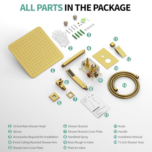 SR SUN RISE 12 Inch Ceiling Mounted Shower System Rain Mixer Shower Combo Set Rainfall Shower Head System Brushed Gold Shower Faucet Trim Repair Kits with Shower Rough-in Valve Body and Trim