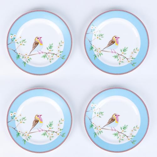 Image of GOLDEN QUEEN'S Handcrafted 12 Pieces Dinner Set | 4 Dinner Plates, 4 Small Bowls & 4 Side Plates | Perfect for Hosting Guests and Daily Meals - Birdie in Pink Dinnerware - Blue Birdie Dinnerware