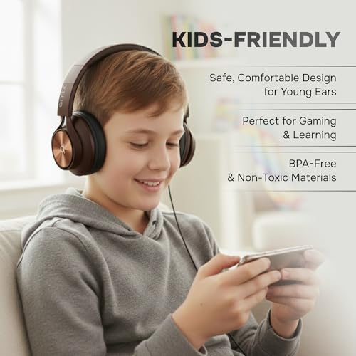 Image of ARTIX Pack of 45 Wired Kids Headphones for School (Echo Brown), Microphone & Volume Control - Bulk Classroom Headphones with Mic, Teens Corded Head phones for Laptop, Chromebook, Tablet 3.5mm Aux Cord