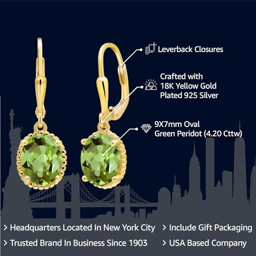 Gem Stone King 18K Yellow Gold Plated Silver 9X7MM Oval Gemstone Birthstone Leverback Drop Dangle Earrings | Gold Earrings For Women2
