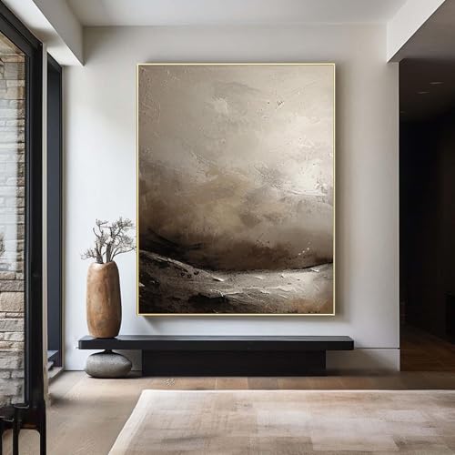 UUDEZO Grand tableau abstrait marron moderne pour salon, beige et gris texturé, 70 x 100 cm, avec cadre doré.