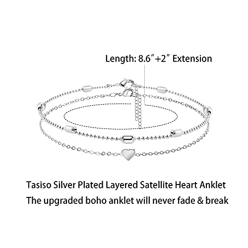 Tasiso Silver Plated Layered Satellite Heart Anklet Layering Beads Sphere Boho Ankle Bracelet Minimalist Simple Dainty Jewelry For Women 8.5'' #TOP4