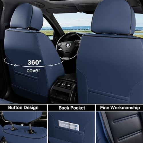 Image of Coverado Car Seat Covers Full Set, Seat Covers for Cars, Waterproof, Leather Car Seat Cushion, Universal Car Interior Covers Seat Protectors for Most Cars Blue