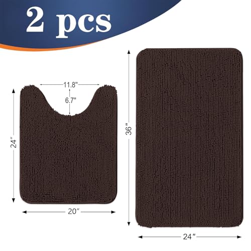 Image of OLANLY Bathroom Rugs Sets 2 Piece, Soft Absorbent Chenille Bath Mats and U-Shaped Contour Toilet Mat Area Rug Set, Machine Washable Bath Carpet, Home Decor Accessories(36 inchx24 inch+24 inchx20 inch, Brown)