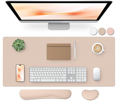 Image of Leather Desk Pad and Wrist Rest, Non-Slip Desk Mat, Waterproof Large Mouse Pad, Mouse Mat, Computer Mat for Desk Easy Clean for Office /Home(35.4x15.7 Inches,Beige)