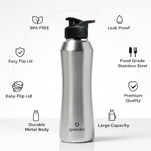 Image of Speedex Stainless Steel Water Bottle 1 Ltr, Leak Proof Sipper Cap, BIS Approved 1000 ml Metal Bottle For Daily, Office, School, Gym, Travel Use for Men, Women, Kids, Adults, Silver, Set of 4
