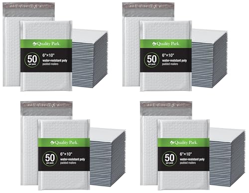Image of Quality Park Bubble Mailers,6 x 9 Inch,White Poly Mailers,Padded Envelopes,Shipping Envelopes,Water Resistant,Self Seal,50 Per Box (QUA85856),Plastic,(Pack of 4)