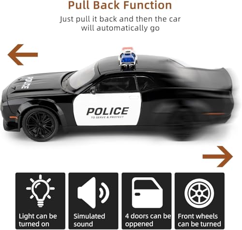 Image of DEOXY Dodge Challenger SRT-Police | 1:24 Scale | Die-Cast Model Metal Pull Back Toy Car For Kids With Openable Doors & Light, Music Toy Vehicle For Kids, Black