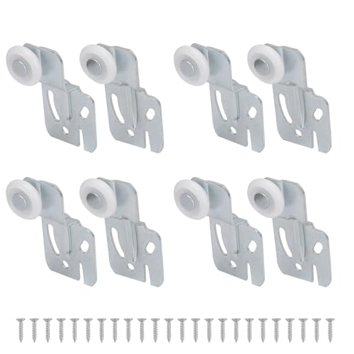 Lashow 4 Pair Sliding Closet Door Roller Kit - Top Hung Door Replacement Hardware with 7/8 Inch Convex Wheels, Stamped Steel, 1/4" & 1/2" Offset Brackets