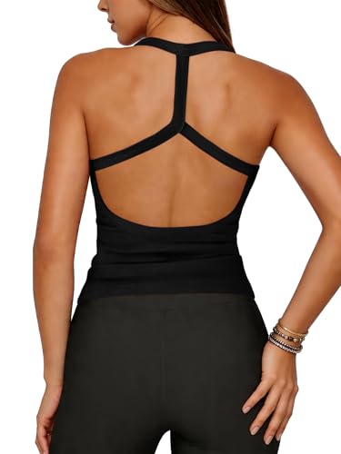 Xiaoliny Débardeur Femme Col Halter Tricoté Côtelé Haut d'Été Chic et Élégant Dos Nu Crop Top Ajustée T-Shirt sans Manches Slim Fit Tops de Sport...