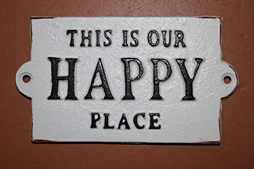 Cottage House Family Decor Happy Place Wall Plaque, Solid Cast Iron Embossed Letters, Patio Deck Porch Gazebo Boathouse