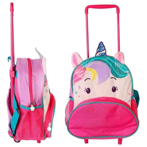 Mochila Infantil Com Rodinhas Unicórnio Rosa Grande Reforçada Ideal Para Escola Viagem Resistente E