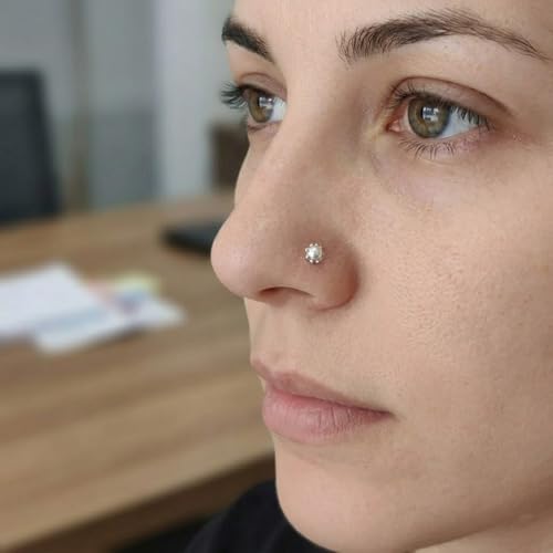 Image of Parnika 925 Sterling Silver Solitaire CZ Nose Pin | Small Size Piercing Nose Stud with Secure Screw Back | Elegant Silver Nose Ring for Women & Girls