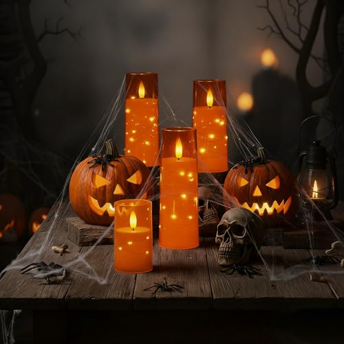 Image of Raycare Flameless Candle with Remote Timer - 5 Flickering Acrylic Battery Operated LED Pillar Candles with Embedded Star String for Halloween, Home Decor, and as a Gift(Orange)