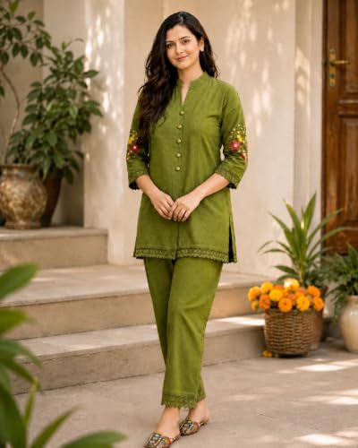Image of Women's Pure Cotton Co-Ord Set, Green Kurta with Pant, Floral Embroidered 3 /4 Sleeve, Stylish Pocket Design
