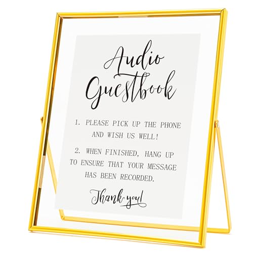 Image of Calculs Audio Guest Book Sign, Gold 8x10 Floating Picture Frame | Double glass metal frame, fits 6x8 insert, audio guest book table, reusable tabletop frame for signs and photos
