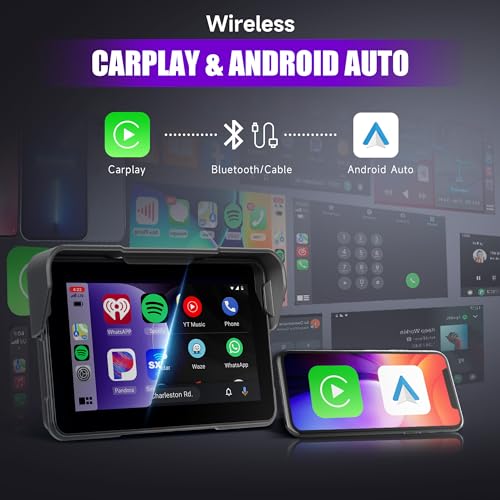 Image of Rimoody 5 Inch Motorcycle Carplay Screen with Wireless Carplay Android Auto for Car, Bluetooth, GPS Navigation, EQ, IP67 Waterproof Touchscreen, Mirror Link, Voice Control