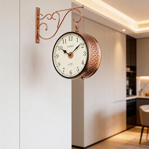 Image of CRAFTEL Double Sided Station Wall Clock Multi-Layer Electroplated | Both Side English Numerals | Aluminum Matte-Finish Dial Brass Body | Dial - 8 Inches, Rose Gold | 365 Days Warranty