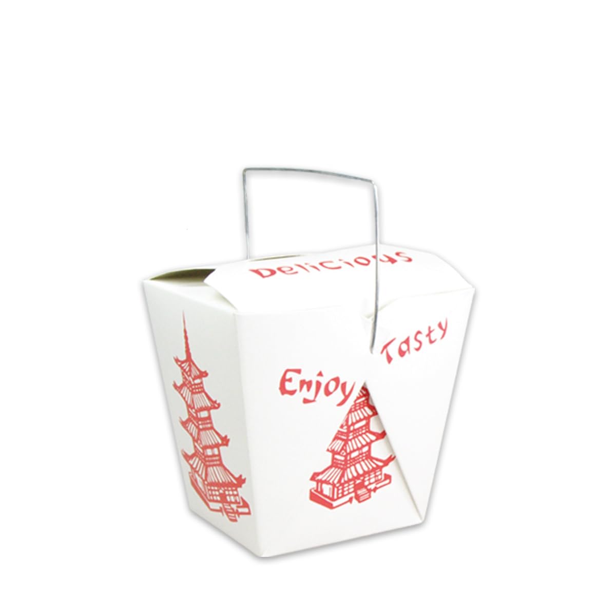 500 Asia Takeaway Nudelboxen Snackboxen Asiaboxen 26oz 750ml mit Metall Henkel eckig weiß mit Asia Pagode Motiv in rot Papier/PE