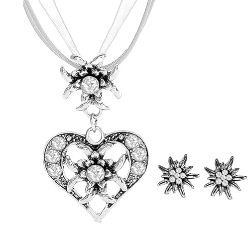 LIUYIDM Trachtenschmuck Damen 3 Stück Oktoberfest Accessoires Damen Trachtenschmuck Set Edelweiß Halskette Elegante Trachtenkett, Geeignet für Damenanhänger, Bierfest-Kleidungszubehör (Weißes Band)