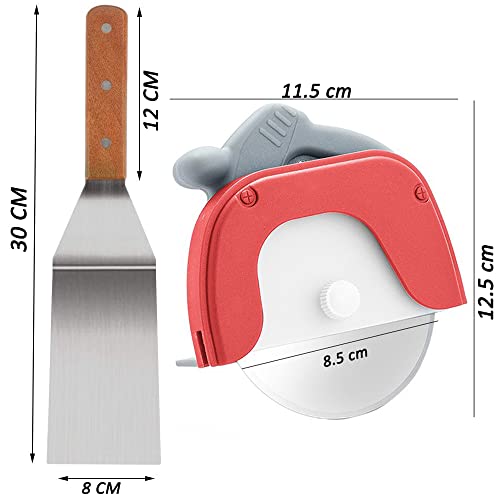 Image of P-Plus International Pizza Cutter and Serving Turner - Pizza Serving Turner - Pizza Cutter Tool - Pizza Spatula - Pizza Cutter Wheel (Set of 2, Pizza Cutter - Red)