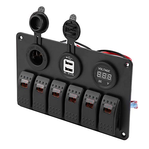 KIMISS 6 Gang LED Rocker Switch Panel for Cars & Boats, 12V 24V with Dual USB Ports, Voltmeter & Cigarette Lighter, Orange Backlit