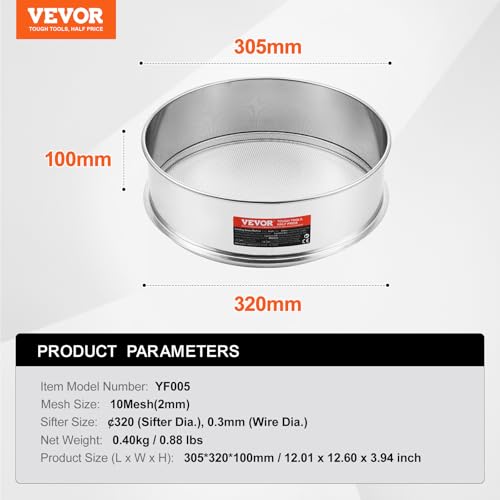 Image of VEVOR Flour Sieve, 10 Mesh Sifter, 304 Stainless Steel Food-grade Fine Mesh Strainer, Dia. 12.6 inch for Baking, 5 Sizes Mesh Hole for Mungbean, Rice, Pearl Powder