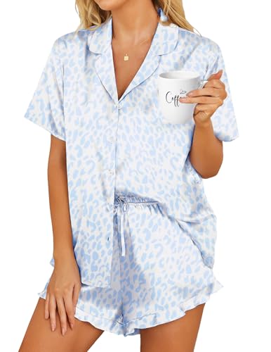 HOTOUCH Blue Leopard Pajamas for Women 2 Piece Silk Pj Shorts Set Short Sleeve Button Down Stain Sleepwear M