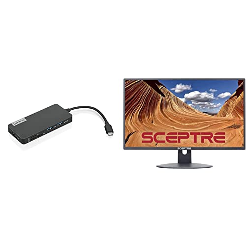 Image of Lenovo USB-C 7-in-1 Hub & Sceptre 24 inch Professional Thin 75Hz 1080p LED Monitor 2X HDMI VGA Build-in Speakers, Machine Black (E248W-19203R Series)