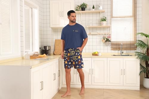 Image of Mens Pajamas Set Lightweight Summer Pjs Sleepwear Quick Dry Soft Comfy Short Sleeve Blue Choc Print With Pocket (S-4X)