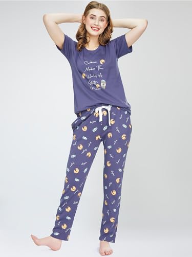 Image of ZEYO Night Suit for Women's Cookies & Cup Printed Cotton Night Dress of Top and Pajama Set 5772