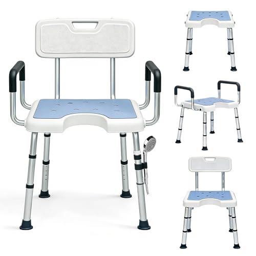 Shower Chair for Inside Shower with Arms and Back, 500lbs Capacity Height Adjustable U-Shaped Seat for Seniors Elderly Easy Bathing, 4-in-1 Tool-Free Assembly