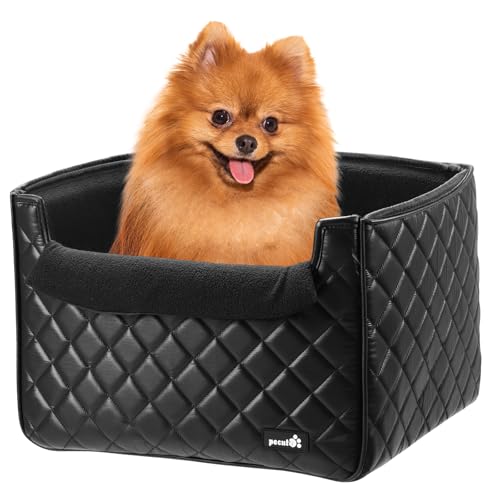 Pecute Elegante Asiento de Cuero para Perros, Asiento Elevador para Coche para Perros, Asiento para Perros con Bolsa de Almacenamiento,Asiento para Coche Perros Medianos y Pequeños, Peso hasta 13.6 kg