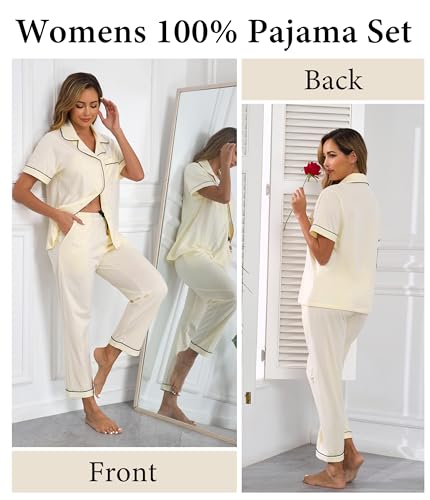 Image of CF Womens 100% Cotton Pajamas Set Button Down Pjs Sets Short Sleeve Top & Long Pants Sleepwear Comfy Loungewear with Pockets
