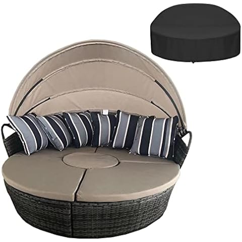 Patio Furniture Outdoor Round Daybed, 160CM Retractable Sun Shade Leisure Sofa with Retractable Canopy Wicker Rattan Separated Seating Sofa Chair Sun Island Bed Lounger for Patio Garden Gray-160CM Cover