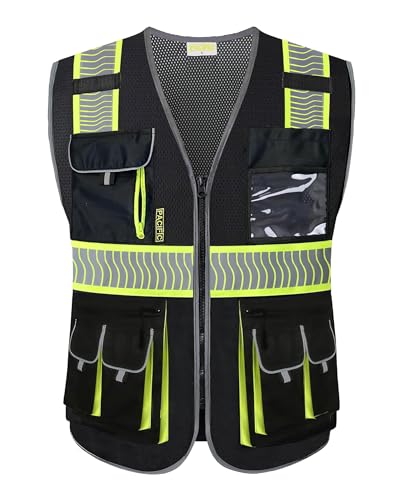PACIFIC PPE 10 Pockets Class 1 Safety Vest for Men, 3M High Visibility Reflective Strips, Meets ANSI/ISEA Standard, Black, Medium