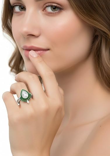Image of 55Carat Choose Your Gemstone Bezel Pear Shape Halo CZ Diamond CZ Ring Sterling Silver Pear Shape Wedding Ring Sets Ornaments Surprise for Wife Symbol of Love Clarity Comfortable US Size 4 to 12