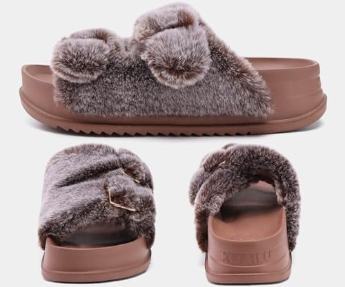 Image of KuaiLu Women's Fluff Slippers Plantar Fasciitis Arch Support Platform Slippers Ladies Fashion Open Toe Faux Fur Sliders Womens House Slipper Size 6-12